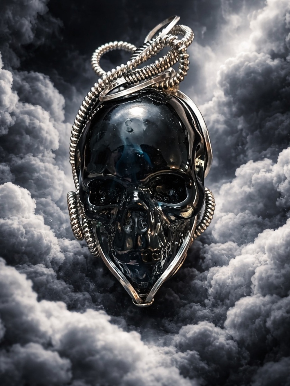 Dark Green Handmade Alien Glass Skull Pendant with Silver Wire Wrap